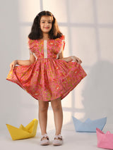 Girls Pink Cotton Floral Printed Flared Dress