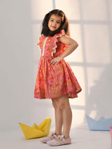 Girls Pink Cotton Floral Printed Flared Dress