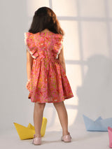 Girls Pink Cotton Floral Printed Flared Dress