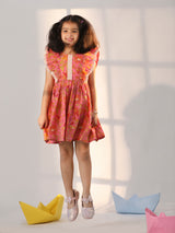 Girls Pink Cotton Floral Printed Flared Dress