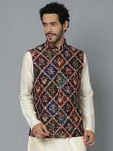 Men's Purple Muslin Sequinned Patola Printed Navratri Special Nehru Jacket
