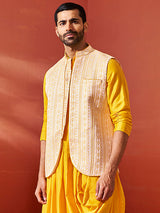 Men's Yellow Silk Blend Jacquard Nehru Jacket