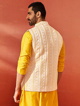 Men's Yellow Silk Blend Jacquard Nehru Jacket