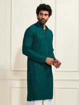 Men's Green Rayon Shifli Embroidered Kurta