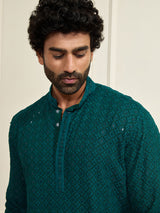 Men's Green Rayon Shifli Embroidered Kurta