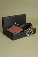 Men's Brown Solid Leather Belt and Wallet Combo