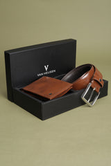 Men's Brown Solid Leather Belt and Wallet Combo