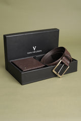 Men's Brown Solid Leather Belt and Wallet Combo