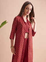 Women's Red Crop Top Palazzos And Printed Jacket Co-Ord
