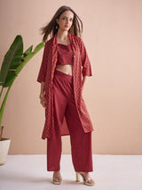 Women's Red Crop Top Palazzos And Printed Jacket Co-Ord