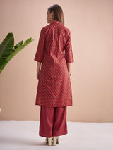 Women's Red Crop Top Palazzos And Printed Jacket Co-Ord