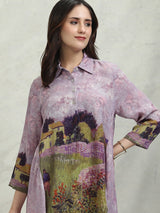 Women's Purple Ethnic Printed Regular Fit Three Quarter Sleeves Top