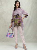 Women's Purple Ethnic Printed Regular Fit Three Quarter Sleeves Top