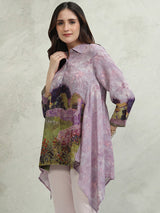 Women's Purple Ethnic Printed Regular Fit Three Quarter Sleeves Top