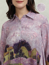 Women's Purple Ethnic Printed Regular Fit Three Quarter Sleeves Top