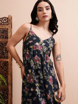 Women's Navy Blue Ethnic Floral Regular Fit Sleeveless Dress
