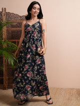 Women's Navy Blue Ethnic Floral Regular Fit Sleeveless Dress
