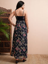 Women's Navy Blue Ethnic Floral Regular Fit Sleeveless Dress