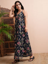 Women's Navy Blue Ethnic Floral Regular Fit Sleeveless Dress