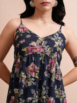 Women's Navy Blue Ethnic Floral Regular Fit Sleeveless Dress