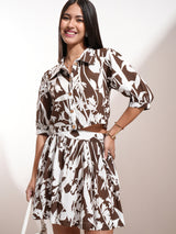 Women's Brown Floral Printed Cuffed Sleeves Casual Shirt With Skirt