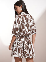 Women's Brown Floral Printed Cuffed Sleeves Casual Shirt With Skirt