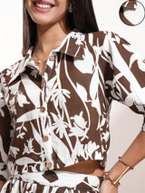 Women's Brown Floral Printed Cuffed Sleeves Casual Shirt With Skirt