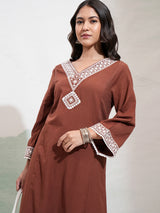 Women's Brown Embrioderd V-Neck Panelled Mirror Work Kurta With Palazzos