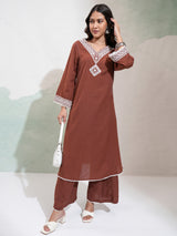 Women's Brown Embrioderd V-Neck Panelled Mirror Work Kurta With Palazzos