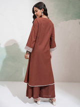 Women's Brown Embrioderd V-Neck Panelled Mirror Work Kurta With Palazzos