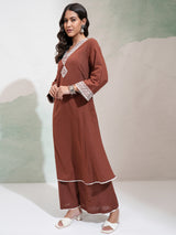 Women's Brown Embrioderd V-Neck Panelled Mirror Work Kurta With Palazzos