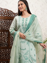 Women's Green Ethnic Motifs Embroidered Straight Kurta & Trousers With Dupatta