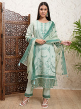 Women's Green Ethnic Motifs Embroidered Straight Kurta & Trousers With Dupatta