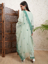 Women's Green Ethnic Motifs Embroidered Straight Kurta & Trousers With Dupatta