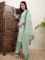 Women's Green Ethnic Motifs Embroidered Straight Kurta & Trousers With Dupatta