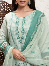 Women's Green Ethnic Motifs Embroidered Straight Kurta & Trousers With Dupatta