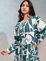 Women's Cobalt Blue Abstract Printed Regular Fit Full Sleeves Dress