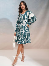 Women's Cobalt Blue Ethnic Abstract Regular Fit Three Quarter Sleeves Dress
