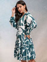 Women's Cobalt Blue Abstract Printed Regular Fit Full Sleeves Dress