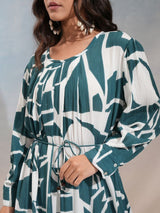 Women's Cobalt Blue Ethnic Abstract Regular Fit Three Quarter Sleeves Dress