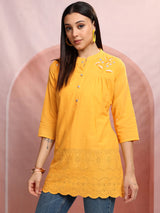 Women's Mustard Ethnic Regular Fit Three Quarter Sleeves Top