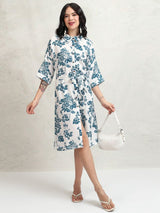 Women's White Floral Regular Fit Three Quarter Sleeves Dress