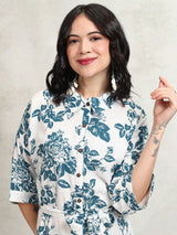 Women's White Floral Regular Fit Three Quarter Sleeves Dress