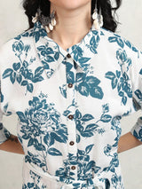 Women's White Blue Ethnic Floral Regular Fit Half Sleeves Dress