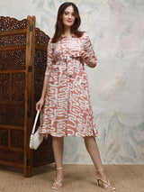 Women's Nude Pink Ethnic Abstract Regular Fit Three Quarter Sleeves Dress