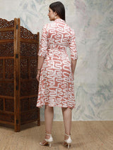 Women's Nude Pink Ethnic Abstract Regular Fit Three Quarter Sleeves Dress
