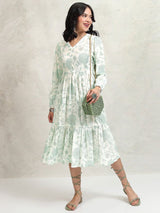 Women's Green Ethnic Floral Regular Fit Three Quarter Sleeves Dress