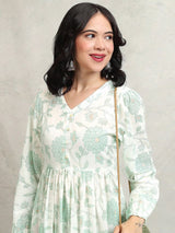Women's Green Ethnic Floral Regular Fit Three Quarter Sleeves Dress