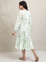 Women's Green Ethnic Floral Regular Fit Three Quarter Sleeves Dress