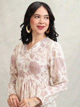 Women's Mauve Ethnic Floral Regular Fit Three Quarter Sleeves Dress